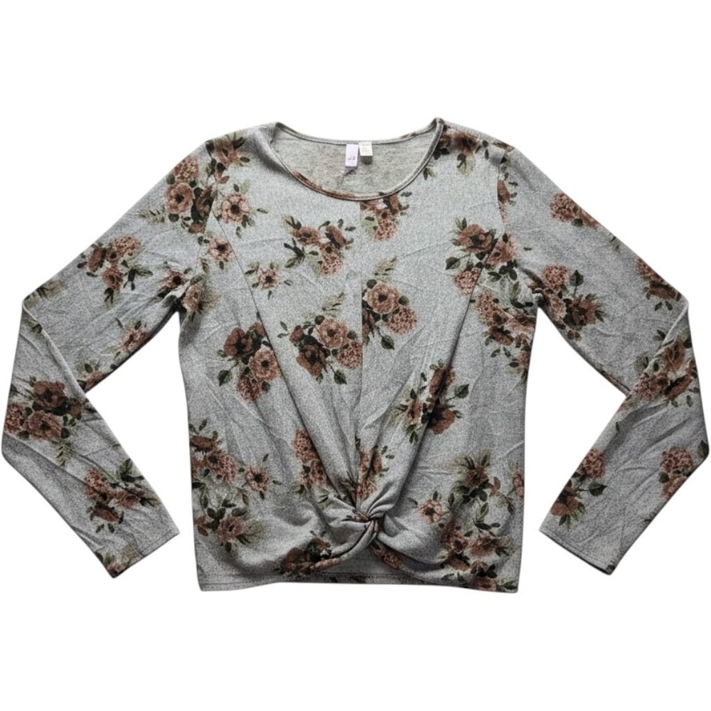 Alya Shirt Womens Medium Gray Scoop Neck Long Sleeve Floral Twist Front Top